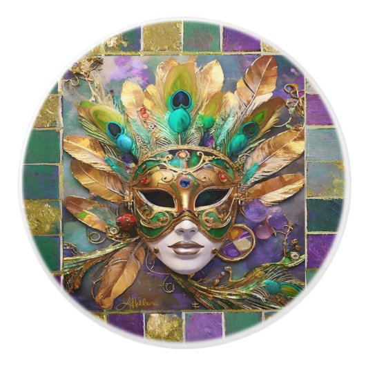 Mardi Gras Goud en Groen Pauw Veer Masker Keramische Knop (Voorkant)