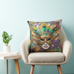 Mardi Gras Goud en Groen Pauw Veer Masker Kussen