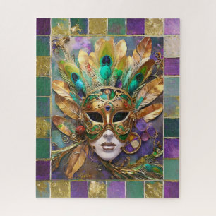 Mardi Gras Goud en Groen Pauw Veer Masker Legpuzzel