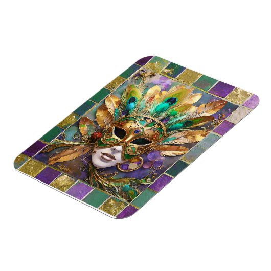 Mardi Gras Goud en Groen Pauw Veer Masker Magneet (Linkerzijde)