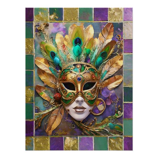 Mardi Gras Goud en Groen Pauw Veer Masker Perfect Poster (Voorkant)
