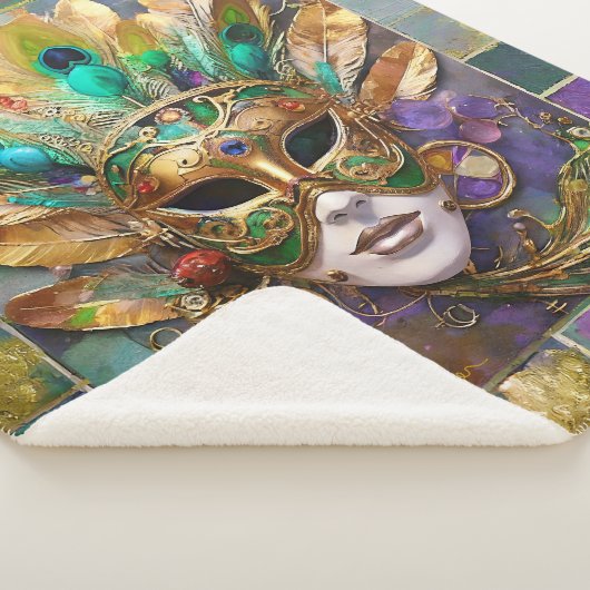 Mardi Gras Goud en Groen Pauw Veer Masker Sherpa Deken (3/4)