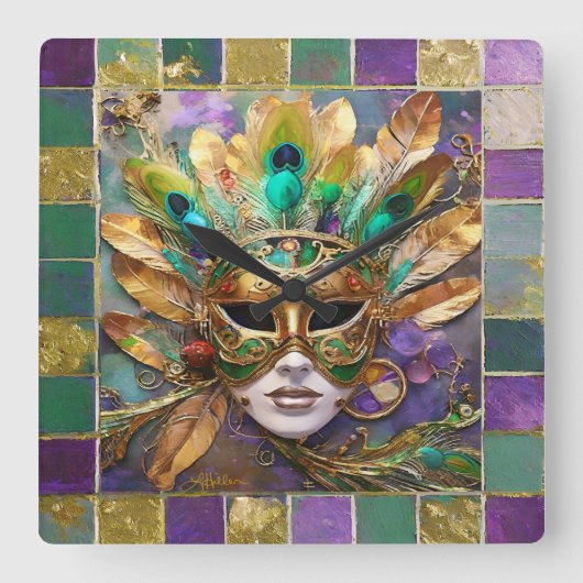 Mardi Gras Goud en Groen Pauw Veer Masker Vierkante Klok (Voorkant)
