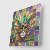 Mardi Gras Goud en Groen Pauw Veer Masker Vierkante Klok (Hoek)