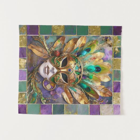 Mardi Gras Goud en Groen Pauw Veer Masker Wandkleed (Voorkant (horizontaal))