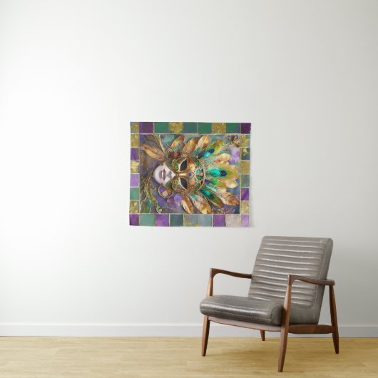 Mardi Gras Goud en Groen Pauw Veer Masker Wandkleed (In Situ (horizontaal))