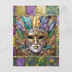 Mardi Gras Goud & Keramisch Kleurrijk Veermasker Briefkaart