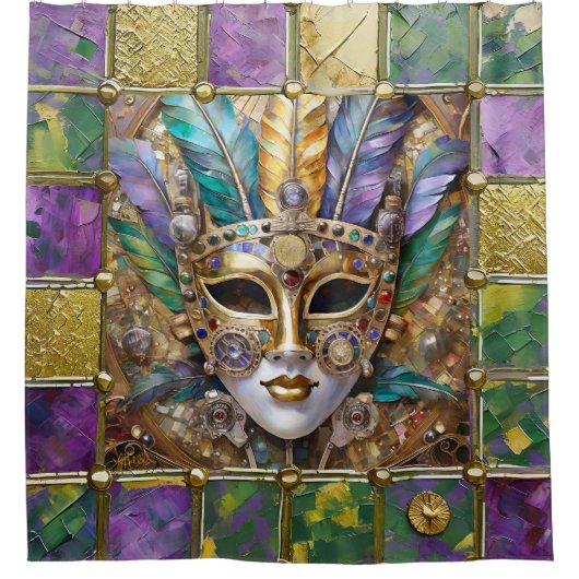 Mardi Gras Goud & Keramisch Kleurrijk Veermasker Douchegordijn (Voorkant)