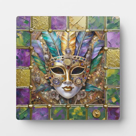 Mardi Gras Goud & Keramisch Kleurrijk Veermasker Fotoplaat (Voorkant)