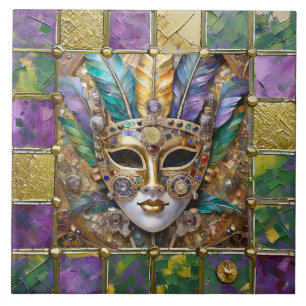Mardi Gras Goud & Keramisch Kleurrijk Veermasker Tegeltje
