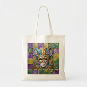 Mardi Gras Goud & Keramisch Kleurrijk Veermasker Tote Bag
