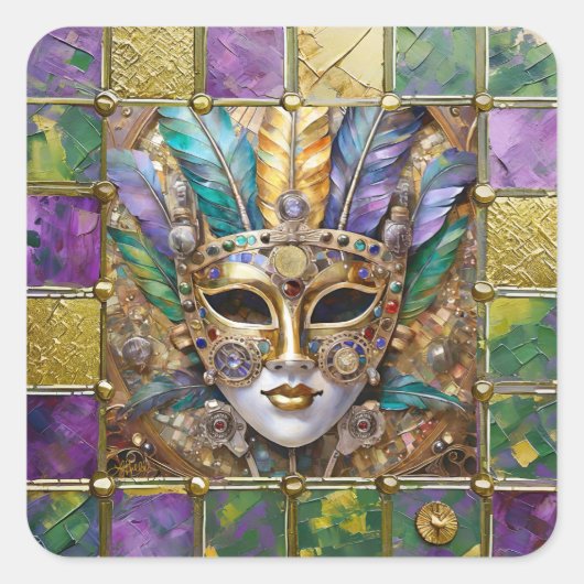 Mardi Gras Goud & Keramisch Kleurrijk Veermasker Vierkante Sticker (Voorkant)