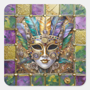 Mardi Gras Goud & Keramisch Kleurrijk Veermasker Vierkante Sticker