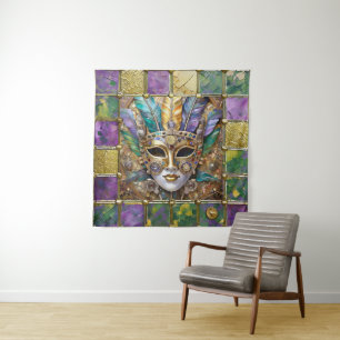 Mardi Gras Goud & Keramisch Kleurrijk Veermasker Wandkleed