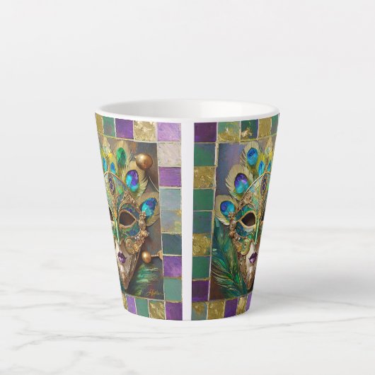 Mardi Gras Goud Keramisch Pauw Veer Masker Latte Mok (Voorkant)