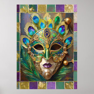 Mardi Gras Goud Keramisch Pauw Veer Masker Poster
