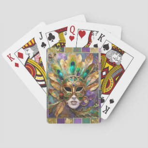 Mardi Gras Gouden en Groene Pauwveer Masker Pokerkaarten