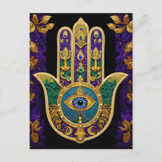 Mardi Gras Gouden Paarse Groene Hamsa's Kunst Briefkaart