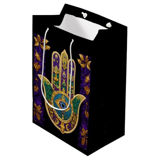 Mardi Gras Gouden Paarse Groene Hamsa's Kunst Medium Cadeauzakje (Voorkant Gekanteld)