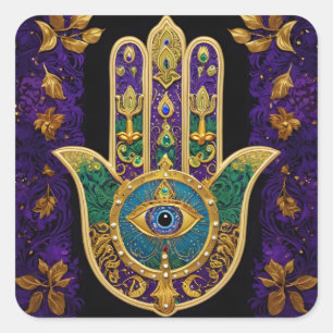 Mardi Gras Gouden Paarse Groene Hamsa's Kunst Vierkante Sticker