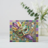 Mardi Gras Groen en Goud Kleurrijke Veren Masker Briefkaart (Staand voorkant)