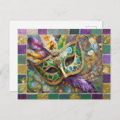 Mardi Gras Groen en Goud Kleurrijke Veren Masker Briefkaart (Voorkant / Achterkant)