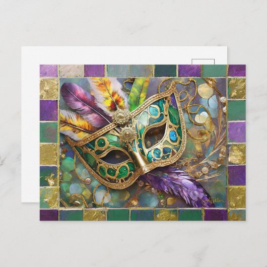 Mardi Gras Groen en Goud Kleurrijke Veren Masker Briefkaart (Voorkant / Achterkant)