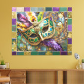 Mardi Gras Groen en Goud Kleurrijke Veren Masker Canvas Afdruk (Insitu (Woonkamer))