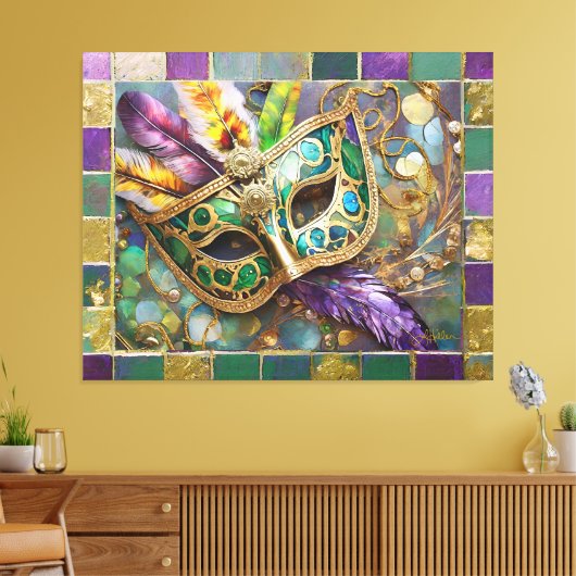 Mardi Gras Groen en Goud Kleurrijke Veren Masker Canvas Afdruk (Insitu (Woonkamer))