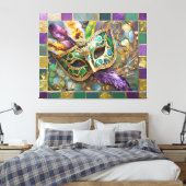 Mardi Gras Groen en Goud Kleurrijke Veren Masker Canvas Afdruk (Insitu (Slaapkamer))