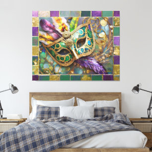 Mardi Gras Groen en Goud Kleurrijke Veren Masker Canvas Afdruk