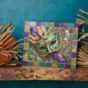 Mardi Gras Groen en Goud Kleurrijke Veren Masker Fotoplaat