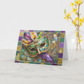 Mardi Gras Groen en Goud Kleurrijke Veren Masker Kaart (Gele Bloem)