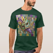 Mardi Gras Groen en Goud Kleurrijke Veren Masker T-shirt (Voorkant)