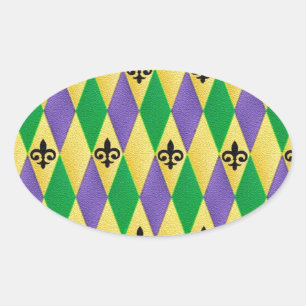 Mardi Gras Harlequin Fleur De Lis Ovale Sticker