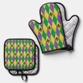 Mardi Gras Harlequin Fleur De Lis Ovenwant & Pannenlap Set (Voorkant / Achterkant)