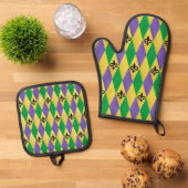 Mardi Gras Harlequin Fleur De Lis Ovenwant & Pannenlap Set (Top down)