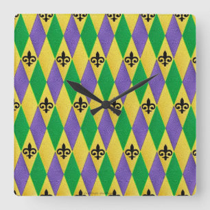 Mardi Gras Harlequin Fleur de Lis Vierkante Klok