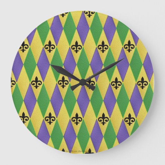 Mardi Gras Harlequin Fleur De Lis Wall Clock Grote Klok (Voorkant)