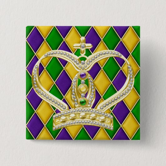 Mardi Gras Harlequin Square Button met kroon (Voorkant)