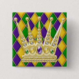 Mardi Gras Harlequin Square Button met kroon