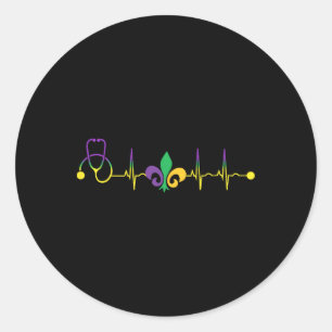Mardi Gras Heartbeat Stethoscope Scrub Rn Nurse Ma Ronde Sticker