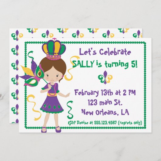 Mardi Gras Invitation Fête Anniversaire Pour Fille (Devant / Derrière)