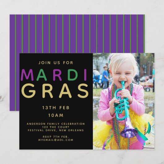 Mardi Gras Invitation Photo - Moderne Purple Green (Devant / Derrière)