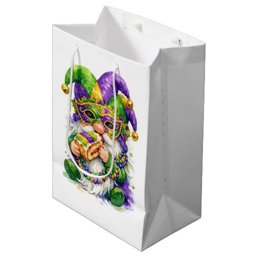 Mardi Gras-kabouter eet King Cake Medium Cadeauzakje (Voorkant Gekanteld)