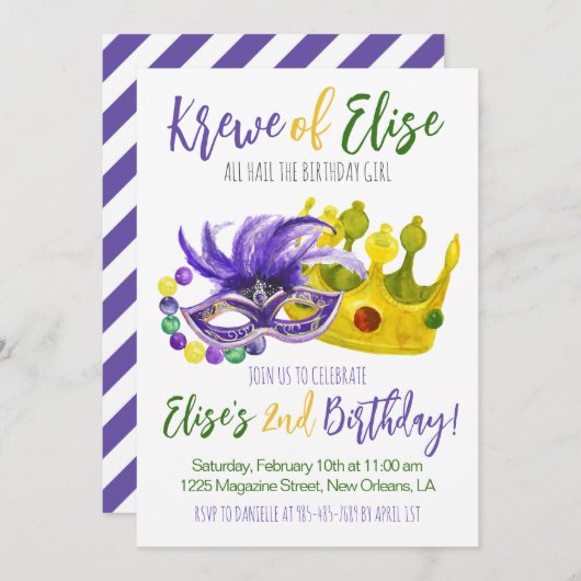 Mardi Gras Krewe Invitation d'anniversaire (Devant / Derrière)