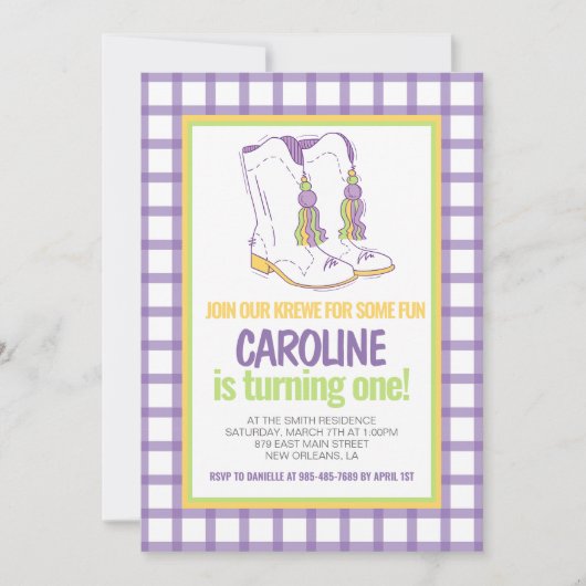 Mardi Gras Krewe Marching Boots eerste verjaardag Kaart (Voorkant)