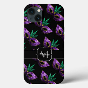 Mardi Gras Mask Paars Green Sparkles Monogram iPhone 13 Hoesje