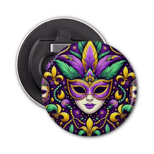 Mardi Gras masker/kralen/fleur de lis Button Flesopener (Voorkant)