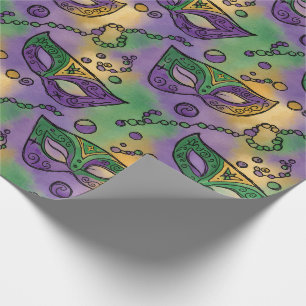 Mardi Gras-maskers en kralen Paars Groen Geel Cadeaupapier